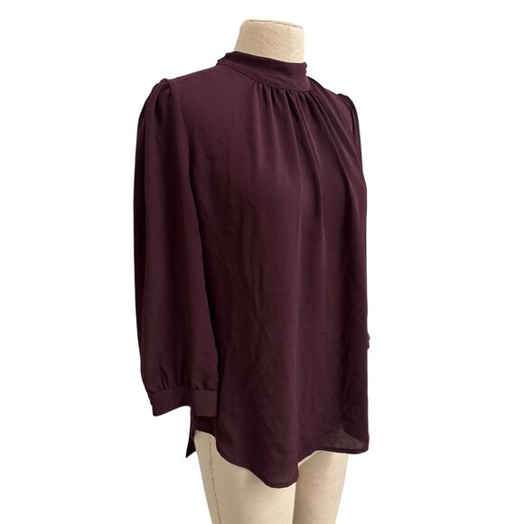 Womens Burgundy 7th Avenue Design Studio Blouse S High Neck 3/4 Sleeve Button Cu - Picture 2 of 12